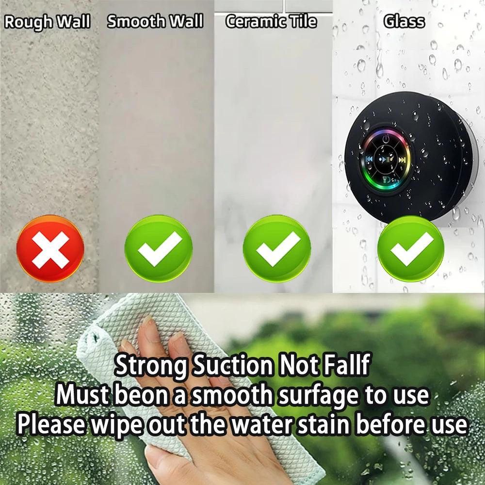 Waterproof Bluetooth Speaker — LED Lights, Suction Cup, Shower & Outdoor