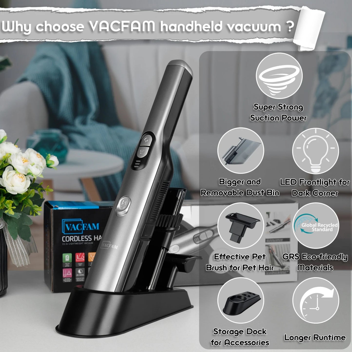 Cordless Handheld Vacuum — 18KPa Suction, LED Light, Car & Home
