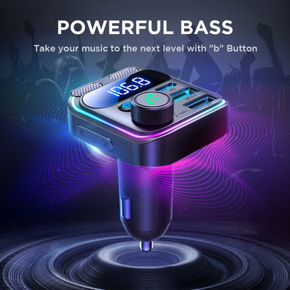 Bluetooth FM Transmitter for Car — 48W Fast Charger, Hands-Free, Dual Mic
