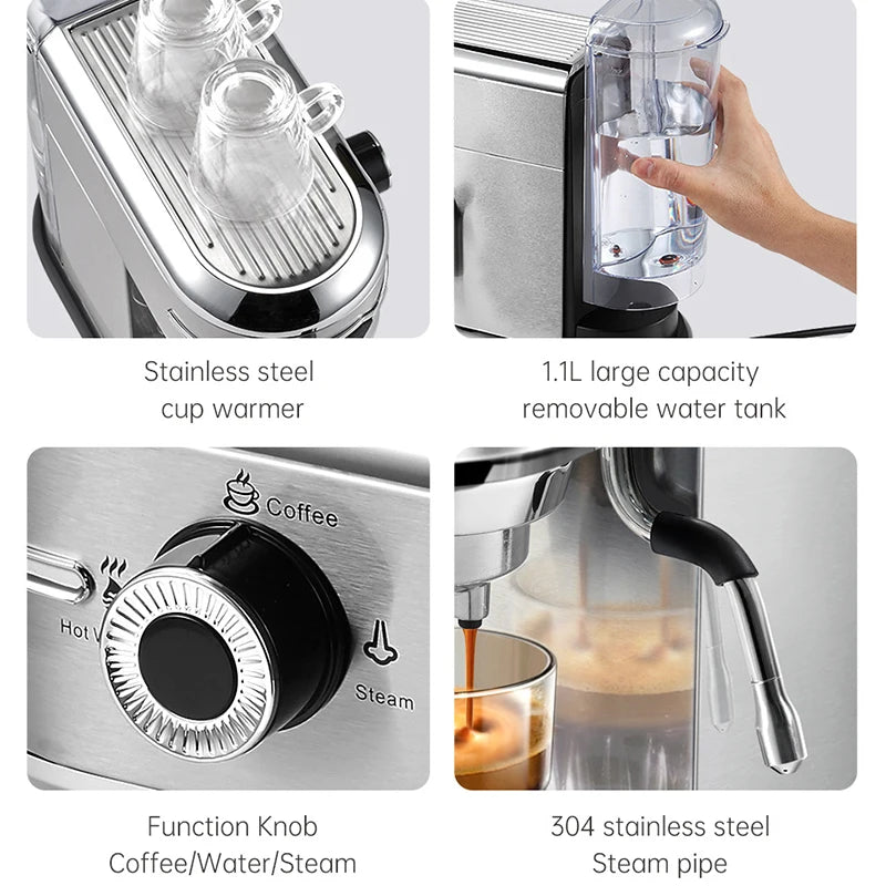 Espresso Machine 19 Bar — 1.1L, Cappuccino, ESE Pod & Powder
