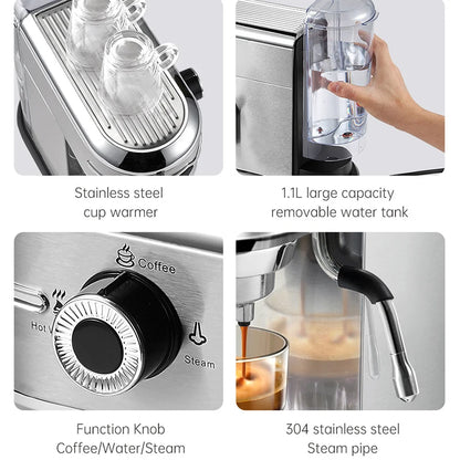 Espresso Machine 19 Bar — 1.1L, Cappuccino, ESE Pod & Powder