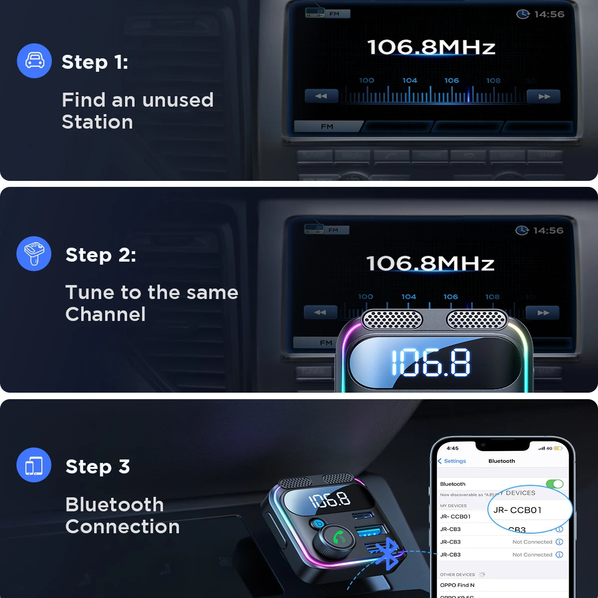 Bluetooth FM Transmitter for Car — 48W Fast Charger, Hands-Free, Dual Mic